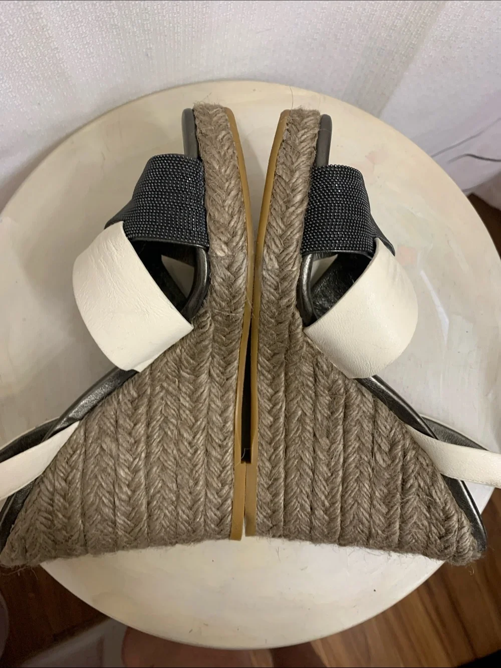 Brunello Cucinelli Espadrille Wedge Platform Crisscross Leather Monilli Beads